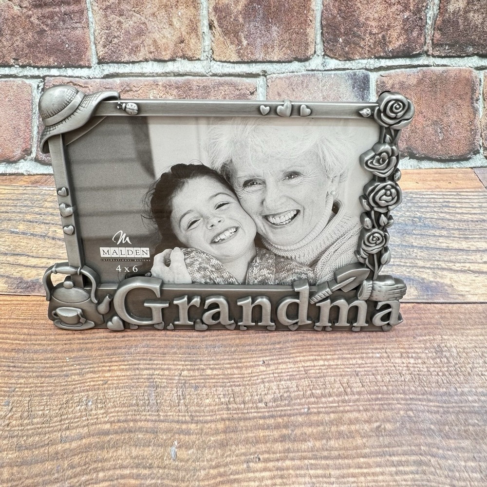 Grandma Picture Photo Frame‎ 4x6 Silver Pewter Malden Teacup Garden Roses Hat